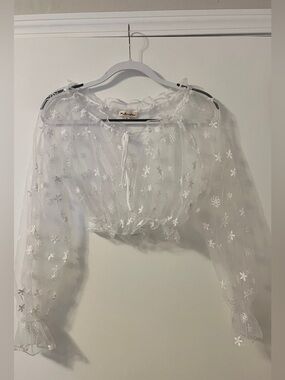 For Love & Lemons White Sheer Embroidered Puff-Sleeve Crop Top